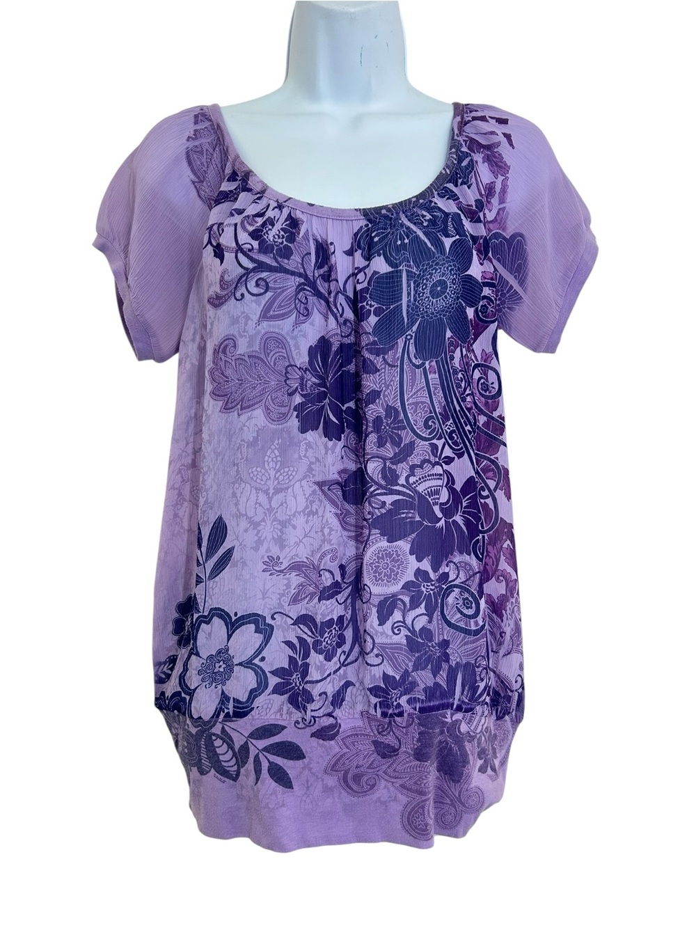 FANG Y2K Sheer Fairy Boho Lavender Floral Scoop Neck Top Size M